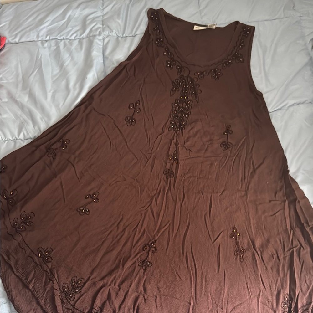 Embroidered Brown Sleeveless Midi Dress